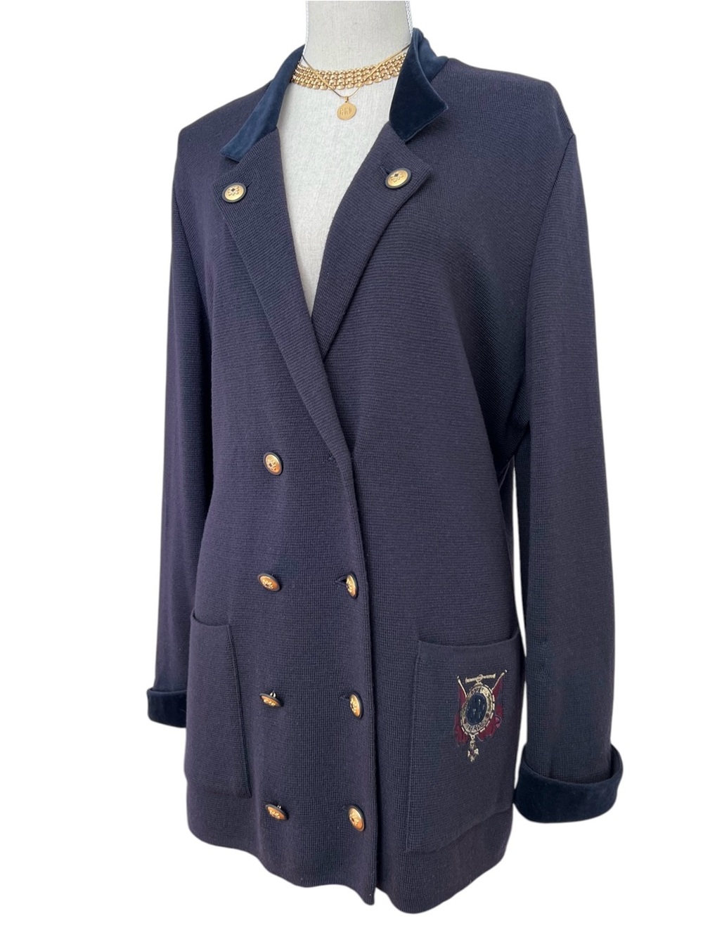 Horst Basler Navy Pure New Wool Knit With Velvet Trim Crest Sweater Jacket XL/1X